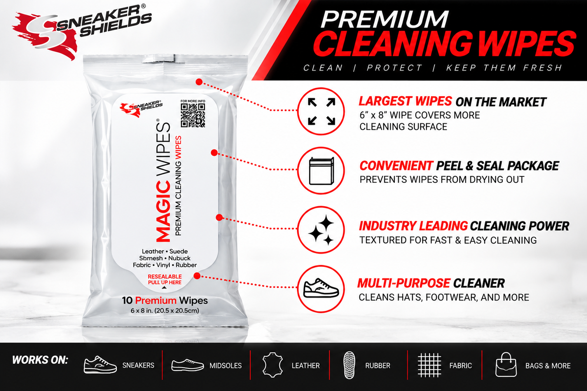 Magic Wipes feature infographic: 6 x 8 inch wipes, peel and seal pack, multi-purpose sneaker cleaner